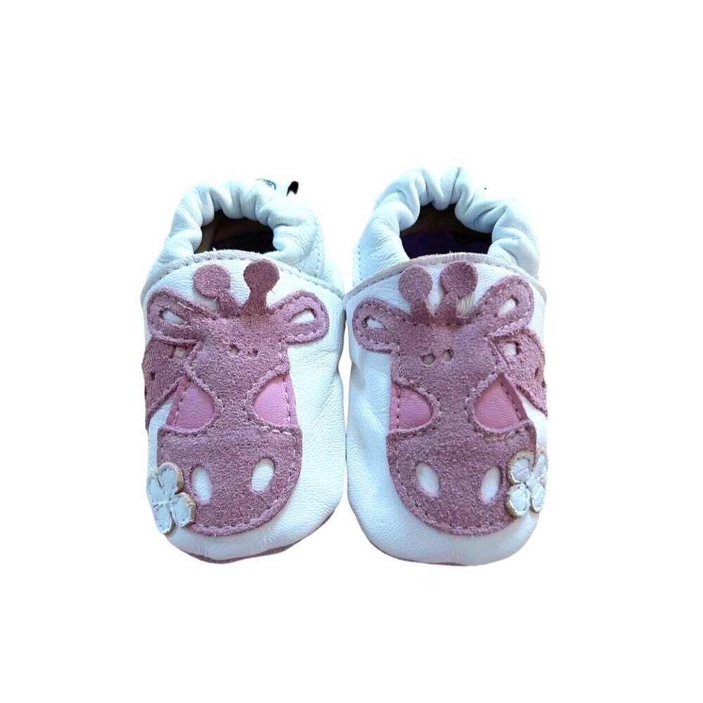 ShooShoos White Leather Pink Giraffe Baby Crib Shoes Size 0-6 Months